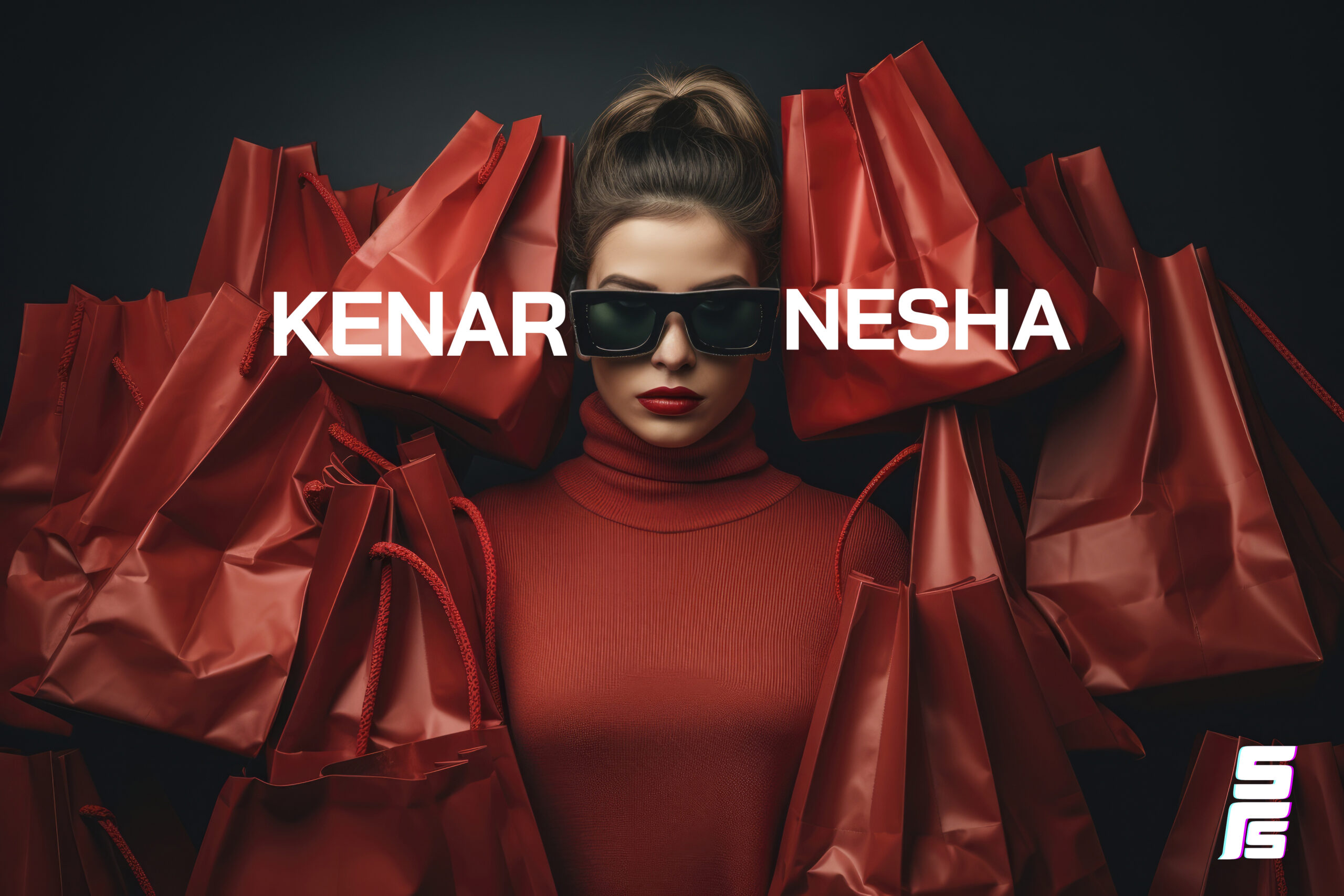 Red bakground of a girl wearing black sunglass with many shopping bags around her